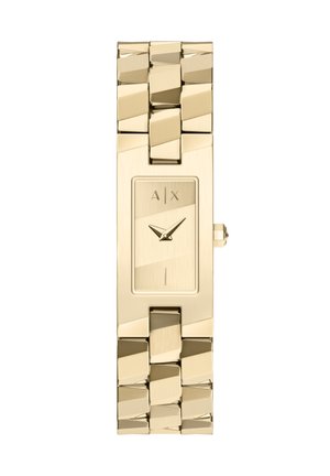 Goldfarbene rechteckige Armbanduhr mit Gliederarmband und minimalistischem Zifferblatt mit den Markeninitialen A und X sowie zwei Zeigern.