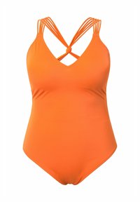 Maillot de bain une pièce en orange vif, avec un décolleté en V profond, un design à bretelles croisées au dos, et un tissu lisse et extensible.