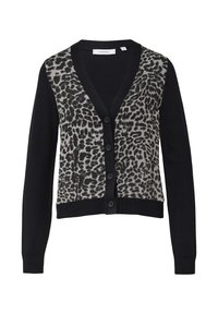 Schwarze Strickjacke mit einem Leopardenmuster auf der Vorderseite, V-Ausschnitt und sechs schwarzen Knöpfen. Weicher Stoff, kontrastierende einfarbige schwarze Ärmel und Rücken.