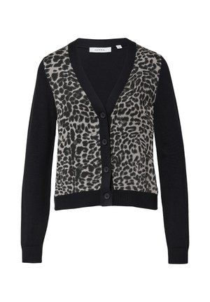 Gilet noir avec un panneau avant à imprimé léopard, col en V et six boutons noirs. Texture douce, manches et dos noirs unis contrastants.