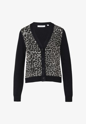 Black cardigan with leopard print front panel, v-neck, and six black buttons. Soft texture, contrasting solid black sleeves and back.
