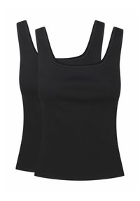 Czarne prążkowane topy na ramiączkach z kwadratowym dekoltem i szerokimi ramiączkami, charakteryzujące się gładką teksturą i dopasowanym krojem. W zestawie znajdują się dwie sztuki.