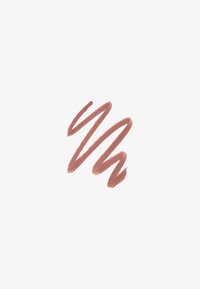 Matowy ołówek do ust w delikatnym odcieniu mauve, nałożony w płynny, zygzakowaty wzór na białym tle, prezentujący kremową teksturę.