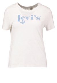 Bílá krátkosrstá tričko s kulatým výstřihem a světle modrým potiskem loga "Levi's" přes hrudník.