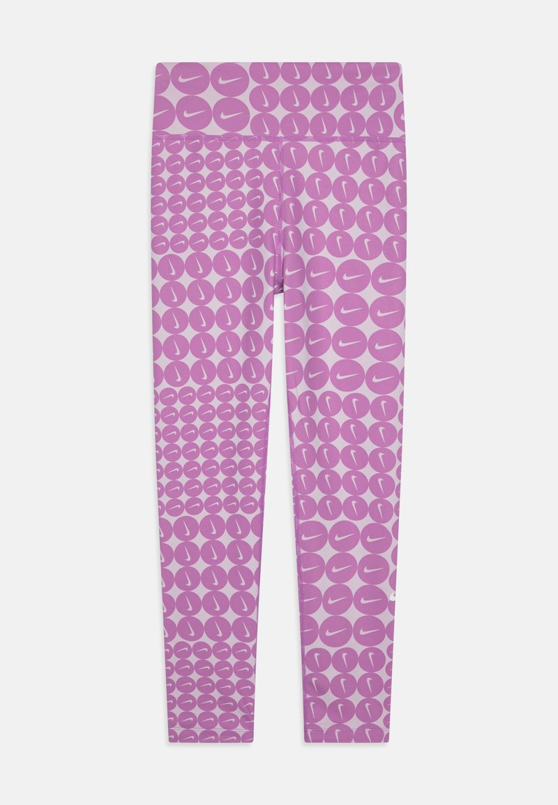 Lilla leggings med et repetitivt mønster av sirkulære former med Nikes logo i hvitt, laget av et elastisk, glatt stoff.