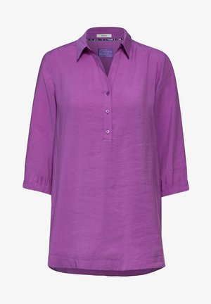 Lila Hemd mit Kragen und Dreiviertelärmeln sowie einer geknöpften Leiste. Glatter Stoff mit leichtem Glanz und einem lockeren Schnitt.
