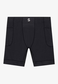 Black athletic shorts made of soft fabric, featuring a fitted design, two side pockets, and contrasting stitching. Logo on waistband.