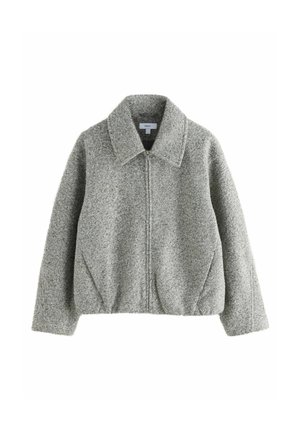 Szürke, textúrált gyapjú keverék anyagú, cipzáras dzseki, hegyes gallérral és hosszú ujakkal, melyet mindennapi viseletre terveztek.