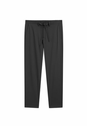 Schwarze, elastische Hose mit Gummizug undKordelzug, ausgestattet mit zwei Seitentaschen und einem glatten, leichten Stoff.