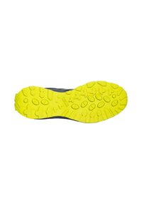 Trailrunning-Schuhsohle aus leuchtend gelbem Gummi mit strukturiertem Profil für besseren Halt, umrandet von dunkelgrauem Material.
