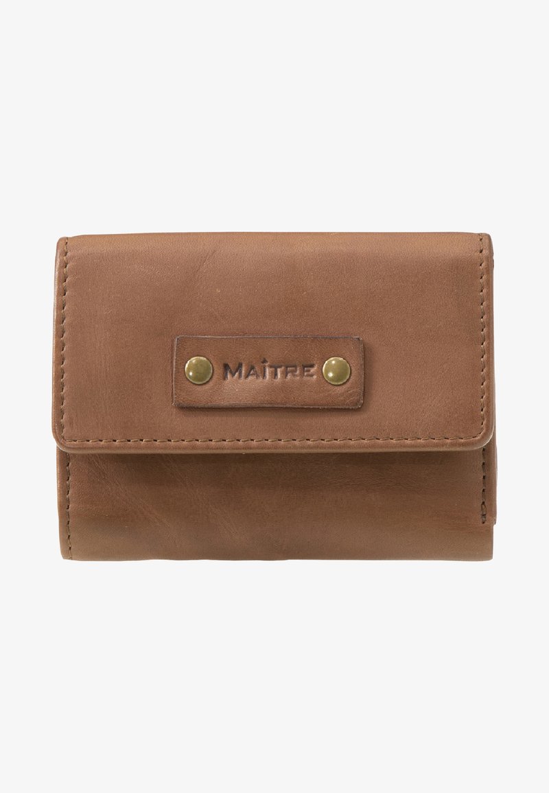 Leren portemonnee in tan kleur met een drukknoopsluiting. Heeft een ingedrukte logo en twee messing studs. Soepele textuur met gestikte randen.