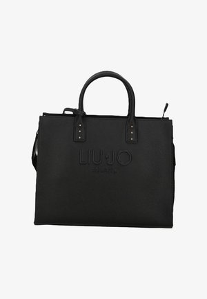 Sac à main rectangulaire noir avec poignées supérieures, texte subtilement embossé "LIU JO MILANO" sur le devant, et surface texturée.