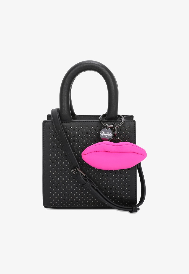 Black perforated handbag with dual handles, includes a detachable pink lip-shaped charm. Features an adjustable shoulder strap.
