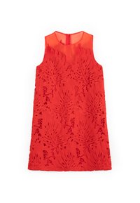 Vestido rojo sin mangas con patrones de hojas en relieve, cuerpo transparente y cierre en la parte trasera con cremallera. La textura es intrincada, con detalles troquelados.