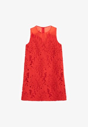 Red sleeveless dress with embossed leaf patterns, transparent bodice, and a back zipper closure. Texture is intricate with cut-out details.