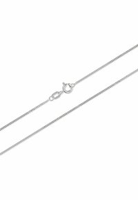 Silberne Kettenhalskette mit glattem, poliertem Finish, ausgestattet mit einem Karabinerverschluss. Die Kette hat ineinander greifende Glieder in flacher Ausführung.
