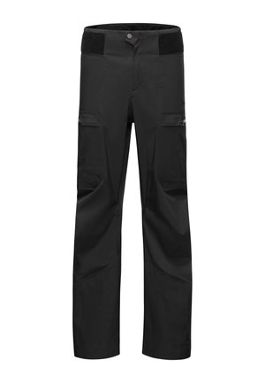 Pantalons de plein air noirs avec une texture lisse, deux poches latérales avec rabats et une conception renforcée au bas de la jambe. Ceinture réglable incluse.
