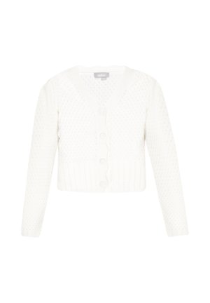 White knitted cardigan with a V-neck, front buttons, textured pattern, and ribbed cuffs. Short, cropped length.