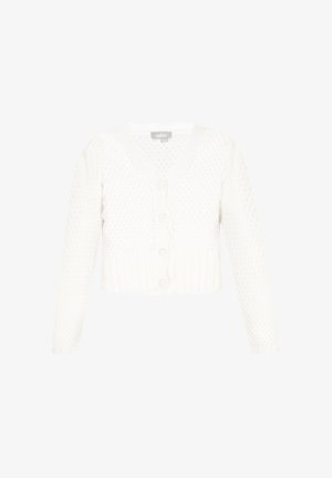 Valge kudumistehnikaga kardigan V-kaelusega, eesnupudega, tekstuurilise mustriga ja soonikuga mansettide ning lühikese, lühendatud pikkusega.