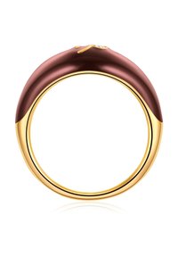 Zlatý a bordový prsteň s hladkým, zakriveným dizajnom; obsahuje malý drahokam v hornej časti a leštené plochy.