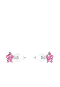 Orecchini a forma di stella rosa con cristalli trasparenti e rosa su base in tono argento, dotati di chiusura a perno.