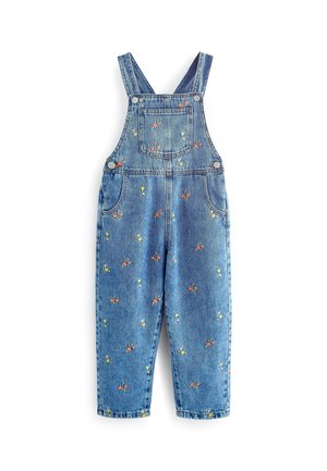 Salopette en jean avec bretelles réglables, teinte bleu délavé, ornée de broderies florales colorées et dotée de poches à l'avant, sur les côtés et à l'arrière.