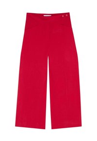 Red wide-leg trousers with a high waist, feature two side pockets and two decorative buttons on the waistband. Smooth texture, relaxed fit.