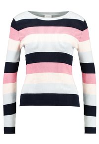 Narzucony sweter z długim rękawem, ozdobiony poziomymi paskami w kolorze granatowym, jasnoszarym, różowym i kremowym. Okrągły dekolt i dopasowany krój.