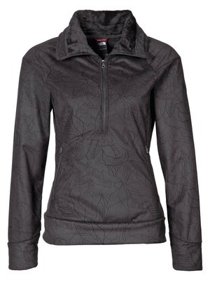 Schwarzer Fleecepullover mit langen Ärmeln und Viertelreißverschluss, dezentem Blumenmuster und weichem Innenkragen, Reißverschlusstaschen an den Seiten.