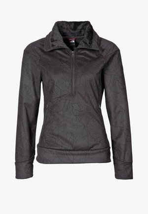 Zwarte fleece pullover met lange mouwen en een kwart-ritssluiting, voorzien van een subtiel bloemenpatroon en zachte binnenkraag, met ritssluitingen aan de zijkanten.