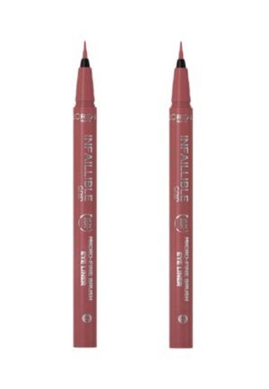 Deux stylos eye-liner L'Oréal Infallible avec une pointe micro-fine, arbore une couleur rose mate, un design cylindrique et un étiquetage clair.