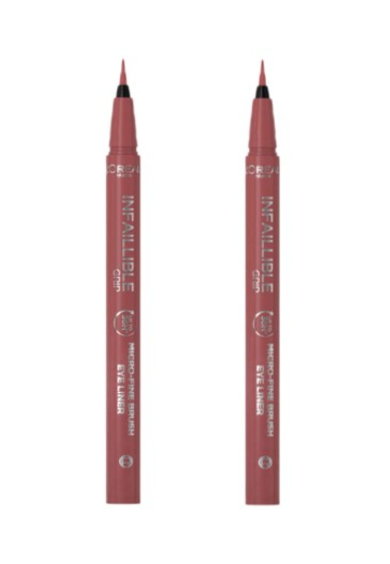 Deux stylos eye-liner L'Oréal Infallible avec une pointe micro-fine, arbore une couleur rose mate, un design cylindrique et un étiquetage clair.
