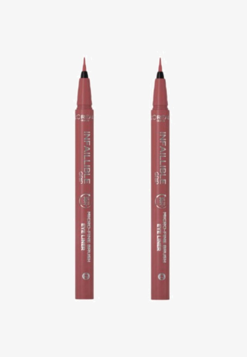 Deux stylos eye-liner L'Oréal Infallible avec une pointe micro-fine, arbore une couleur rose mate, un design cylindrique et un étiquetage clair.