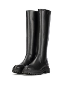 Botas de cuero negras hasta la rodilla con acabado texturizado, punta redonda y suela de goma gruesa con profundas estrías. Detalle de tira en la parte posterior.