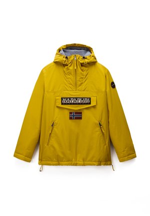 Gelbe wasserdichte Jacke mit Kapuze, ausgestattet mit einer Vordertasche, einem Logopatch und einem Detail der norwegischen Flagge. Zwei seitliche Reißverschlusstaschen sind enthalten.