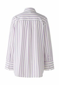 Striped blouse with vertical lavender and white stripes, long sleeves, and a back pleat. Features a classic collar and cuffed sleeves.