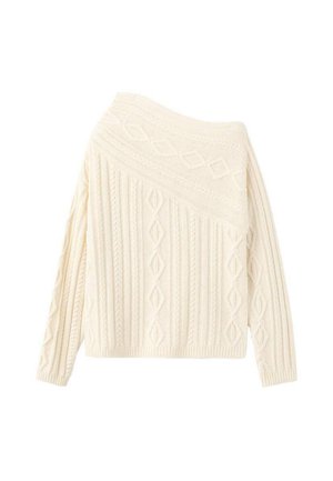 Cream knitted sweater with an off-shoulder design, featuring textured diamond and rib patterns, long sleeves, and a fitted hem.