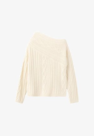 Cremefarvet strikket sweater med off-shoulder-design, der har teksturerede diamant- og ribmønstre, lange ærmer og en tætsiddende kant.