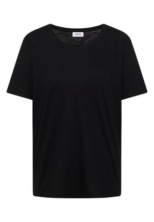 Black short-sleeve crew neck t-shirt with subtle texture and a "CECIL" label inside the neckline.