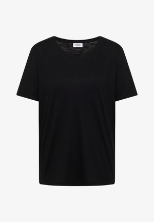 Sort T-shirt med korte ærmer og rund hals med subtil struktur og en "CECIL" label indeni halsudskæringen.