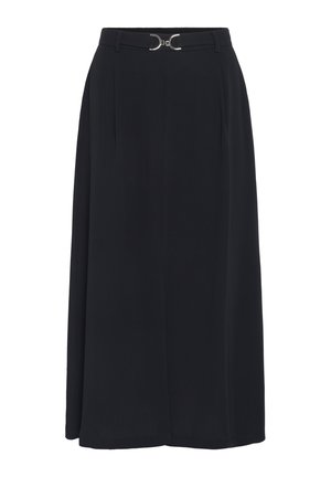Jupe noire, longueur genou, fabriquée en tissu lisse, dotée d'une taille haute avec une boucle argentée et de plis pour plus de dimension.