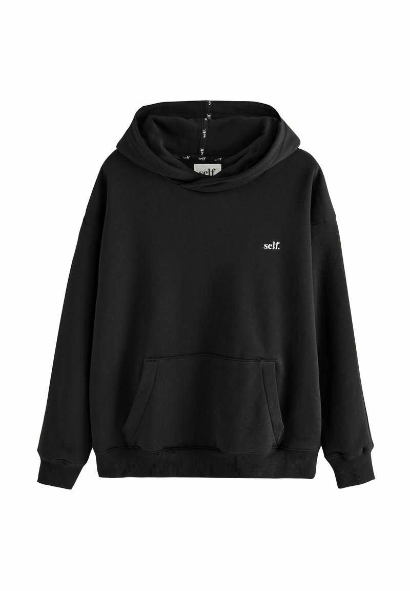 Felpa nera con ampia scollatura a cappuccio, tasca frontale e logo ricamato. Realizzata in morbido misto cotone con polsini e orlo ribattuti.