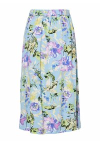 Blommig midikjol i ljusblått tyg med lila och gröna blommor. Elastisk midja med veck, mjuk textur och flödande design.