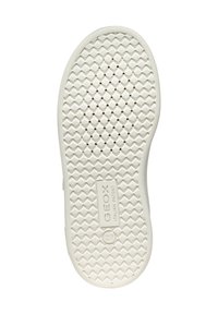Semelle de chaussure en caoutchouc blanc avec un motif en diamant texturé, présentant de petites perforations et une étiquette de marque GEox. Taille 27 indiquée.