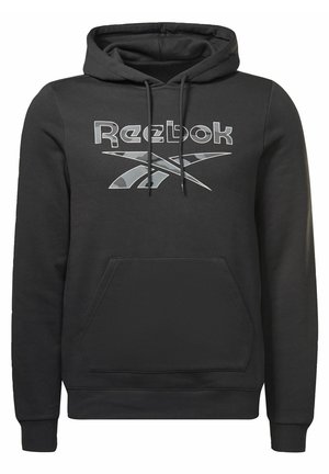 Sudadera con capucha negra hecha de una mezcla de algodón. Presenta un bolsillo tipo canguro en la parte frontal y un logo reflectante de Reebok en el pecho.