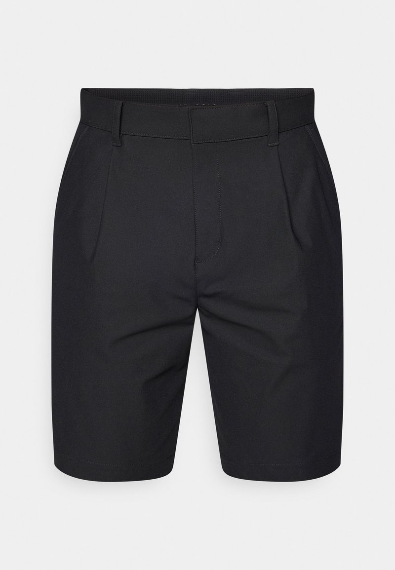 Shorts noirs en tissu lisse et léger. Ils présentent un devant plat, des poches latérales et une ceinture élastique pour plus de confort.