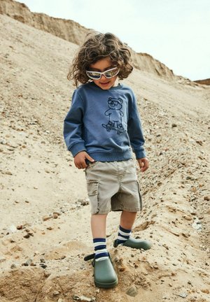 Dziecko z kręconymi włosami w białych okularach przeciwsłonecznych, niebieskiej bluzie z niedźwiedziem na deskorolce, khaki krótkich spodenkach, paskowanych skarpetkach i zielonych butach na skałkistym zboczu.