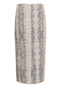 Jupe crayon imprimée serpent en beige et noir. Présente une coupe ajustée avec une texture douce et un léger éclat, longueur jusqu'aux genoux.
