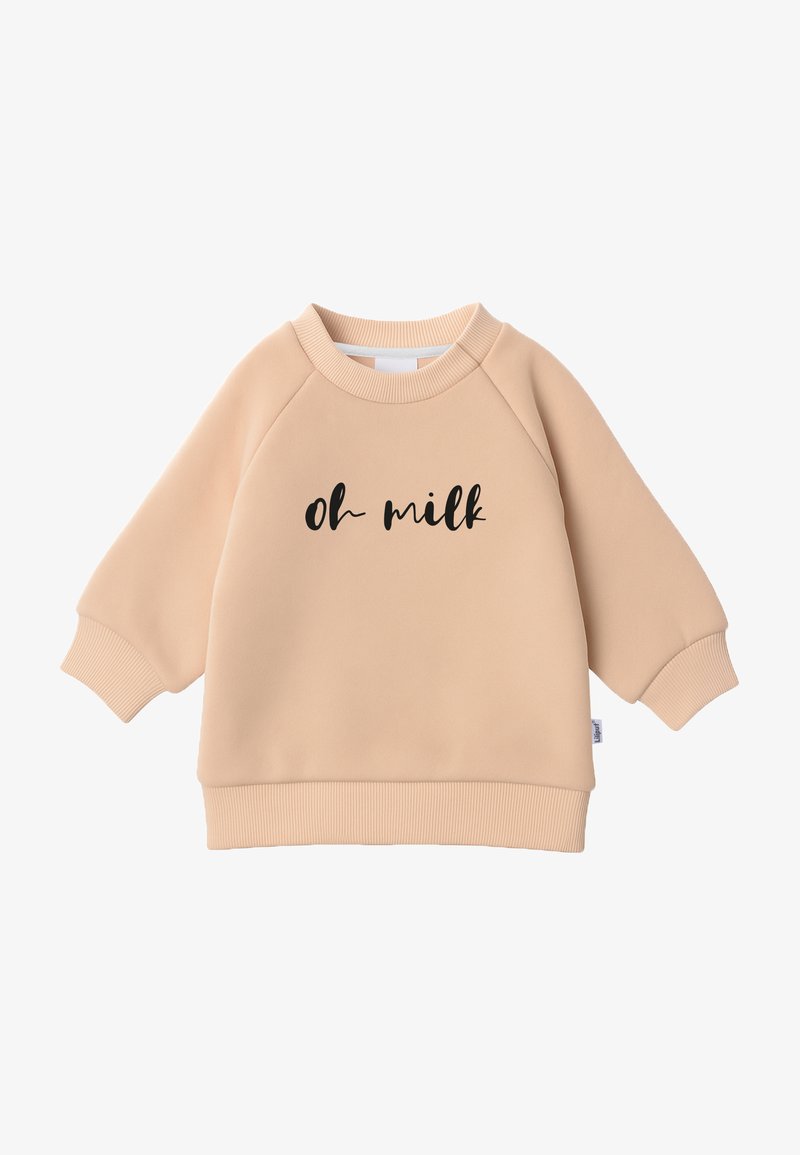Beiger Sweatshirt mit Raglanärmeln, gerippten Bündchen und Saum, mit dem Text "oh milk" in schwarzer Handschrift auf der Vorderseite.