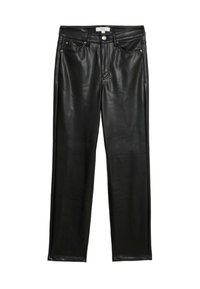 Svarta läderbyxor med rak passform, framfickor och knappstängning. Slät textur med en subtil glans som framhäver materialet.